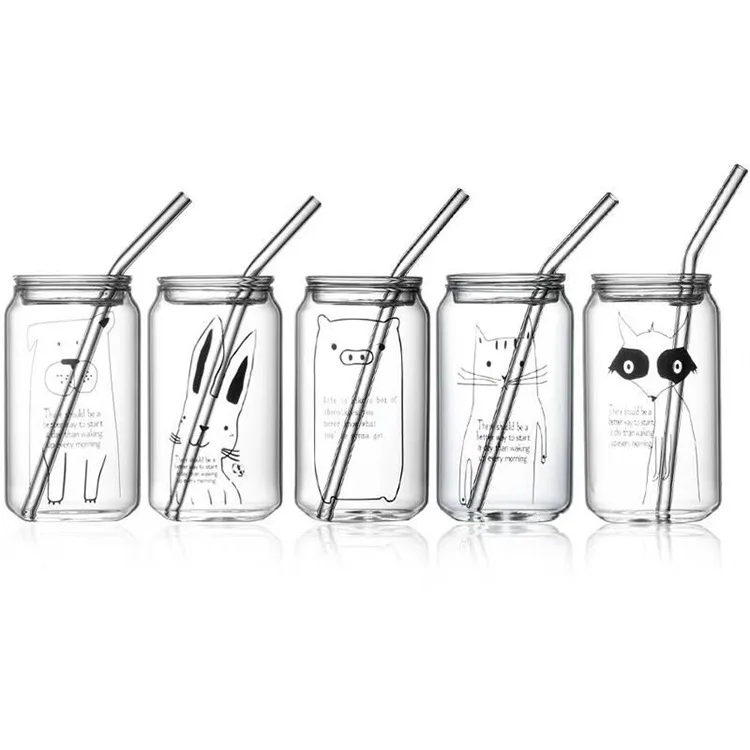 Stock Drinking Iced Coffee Soda Can Glasses Beer Glass Can Cups with Bamboo Lid and Glass Straws