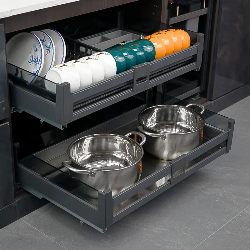 Kitchen Fitting Accessories Cabinets Adjustable Organizer Storage Rack Sliding Dish Drawer Corner Glass 4 Sides Pull Basket