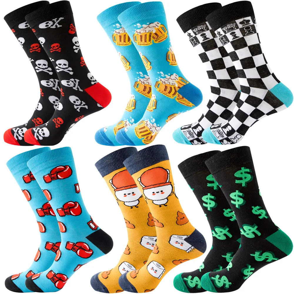 high quality  happy funny cotton socks Breathable skull plaid beer pattern sock sports soft crew socks