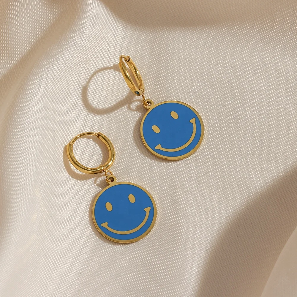  Colorful Fashion Enamel Earrings Stainless Steel Green Pink Black Smile Face
