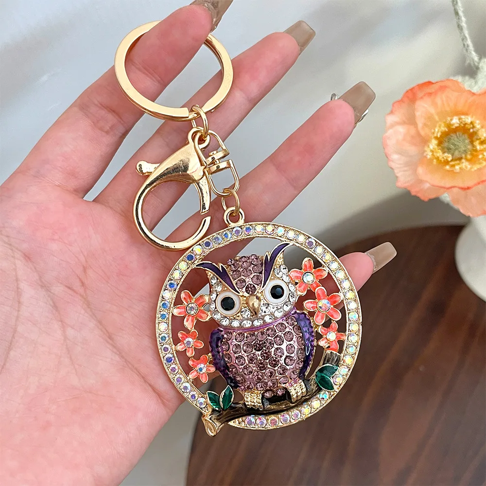 Wholesale Accessory Gold Animal Owl Shaped Key Ring Colorful Rhinestone Owl Key Holder Chain For Gift