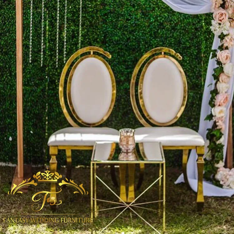 golden high back stainless steel wedding throne chairs with leather cushion for sale