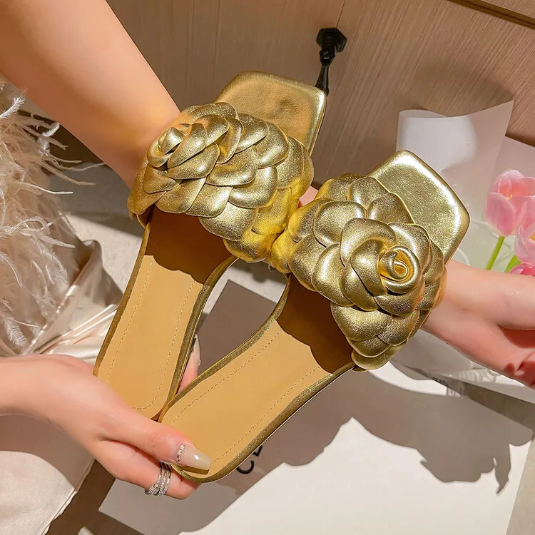 women Genuine Leather designer Summer Beach Outdoor Casual square Toe Gold flowers Slides Slipper sandals for women and ladies