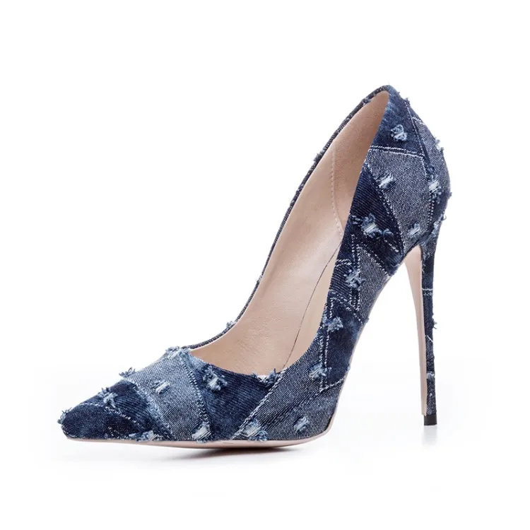 
Luxury Female Pumps Ladies Shoes Womens sexy high heels Denim Patchwork Pointed Toe Girls Shoes for Summer Daily Dress 