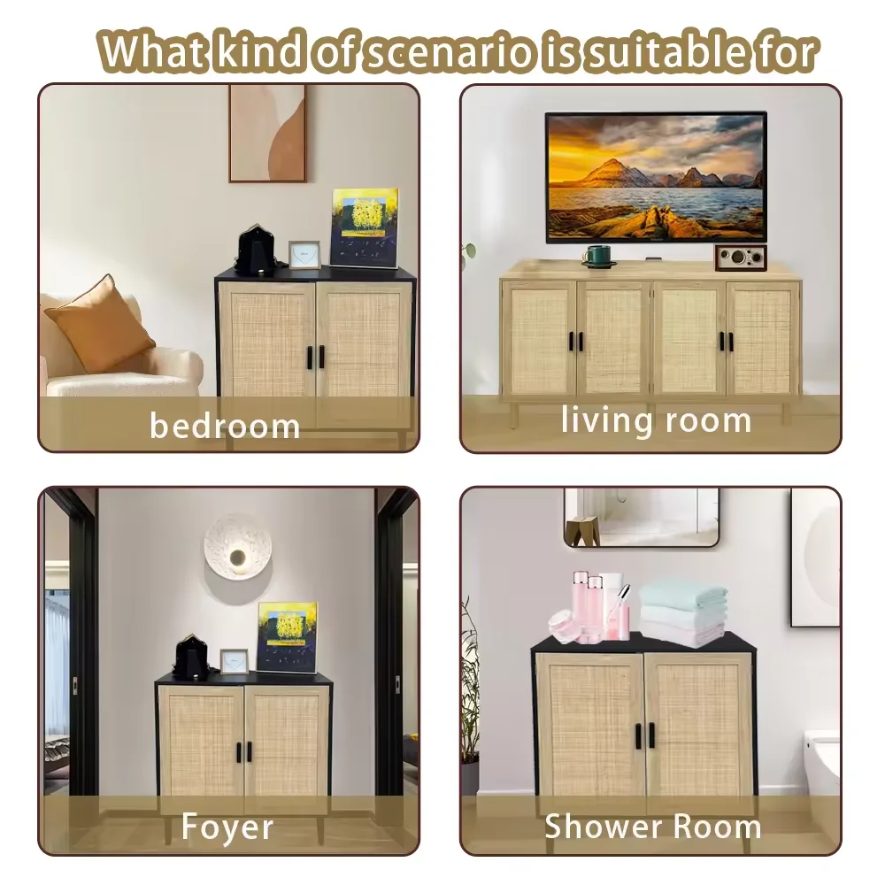 Modern Style Accent Bathroom Floor Cabinet Solid Wood Rattan Storage Sideboard Buffet with Door for Living Room