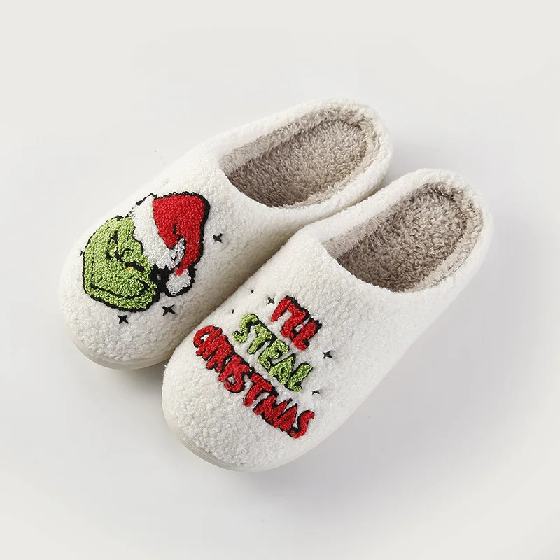 2024 Custom Logo Smile Happy Face Plush Fuzzy Sherpa Cozy House Home Christmas Slippers for Women