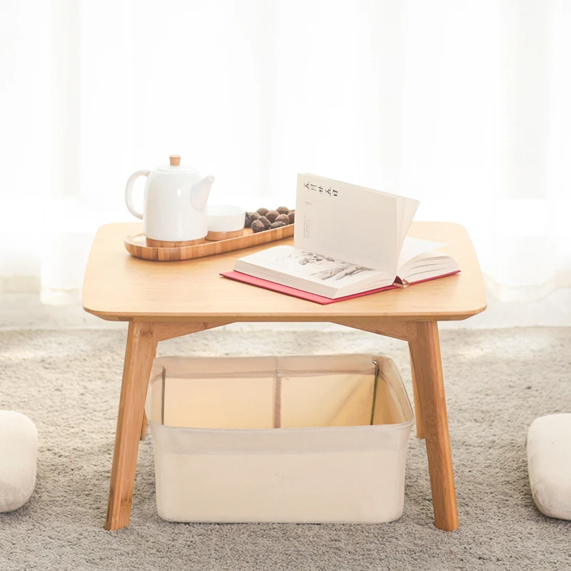 Simple Japanese Style Original Bamboo Material Household Living Room Bay Window Coffe table with Cloth Basket and Cushion
