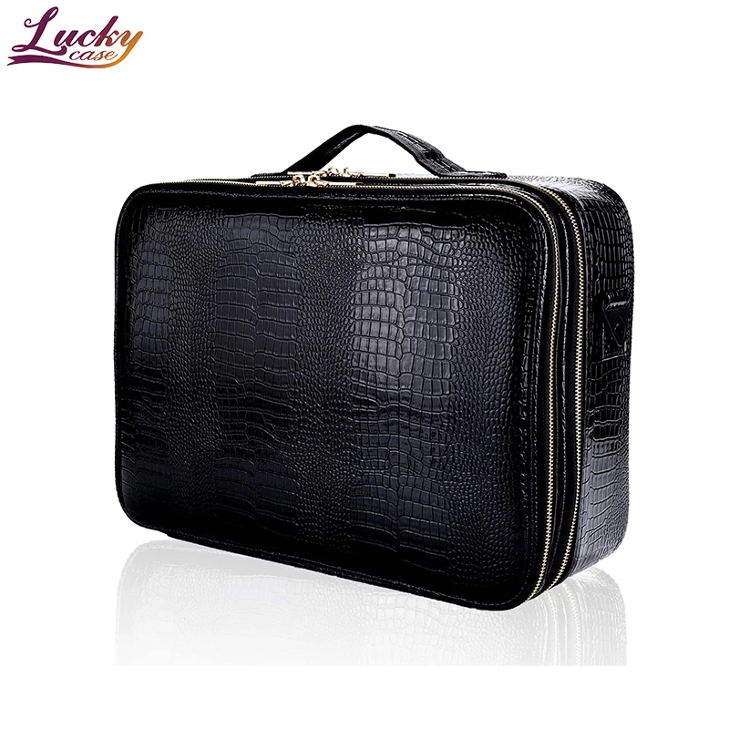 Makeup Bag Travel Case Crocodile Pattern 3 Layers Large Portable Makeup Train Case Cosmetic Organizer and Storage Box