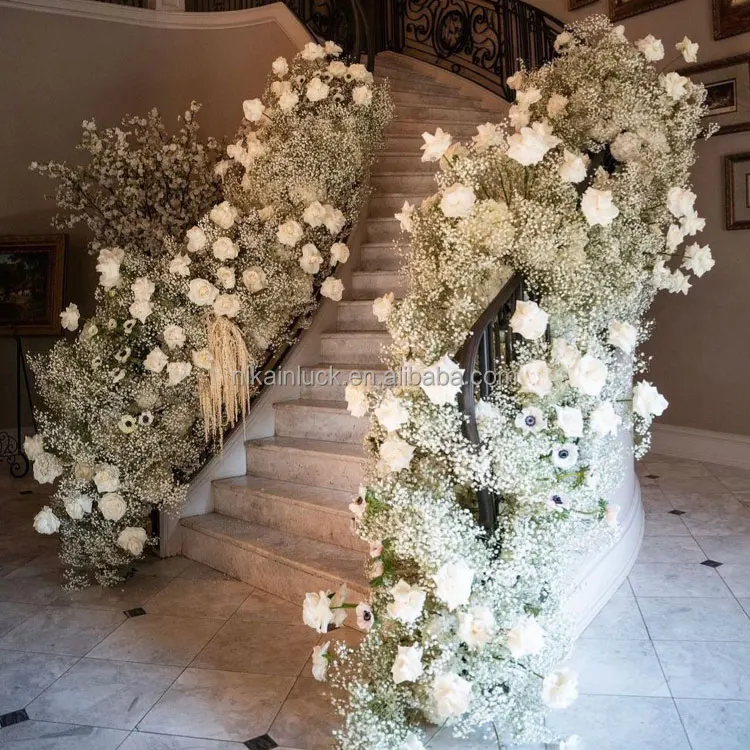 Spiral Staircase Decorative Baby Breath Flower Row Indoor Stair Handrail Aisle Gypsophila Rose Flower Runner for Wedding