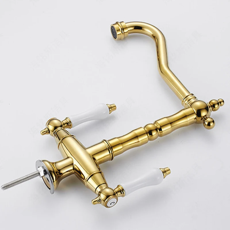 American retro 360 rotating dual handle kitchen hot and cold water tap gold vintage kitchen sink faucet