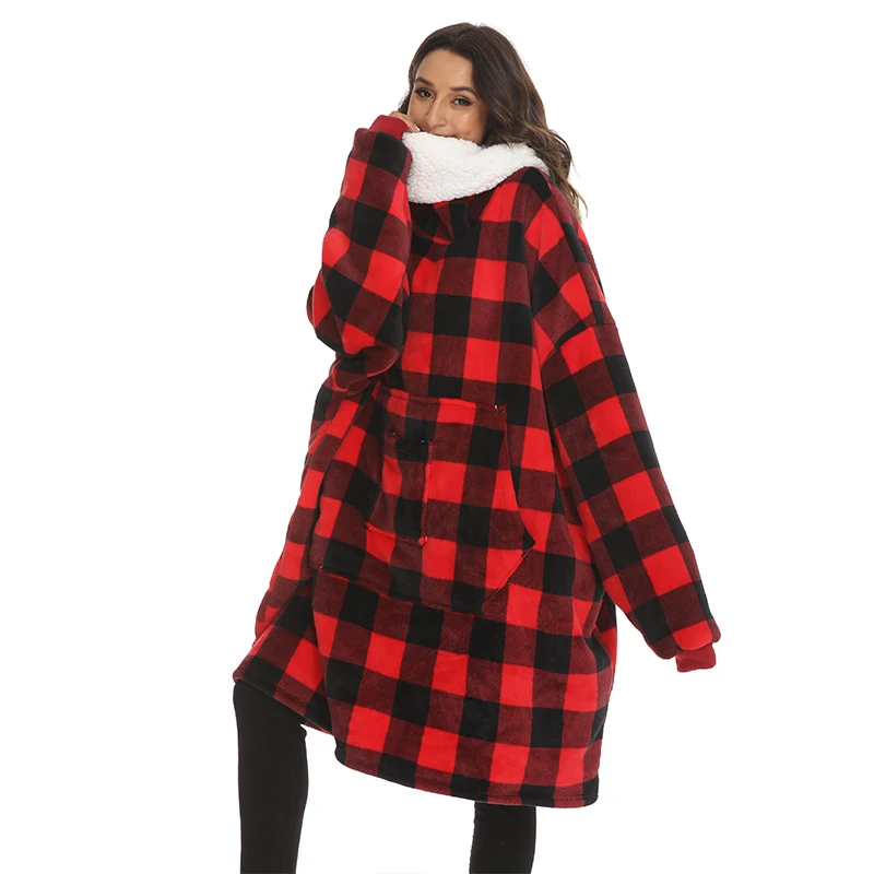 Plaid Red Thick Sherpa Sweatshirt Oversized Wearable Blanket Hoodie With Elastic Sleeves