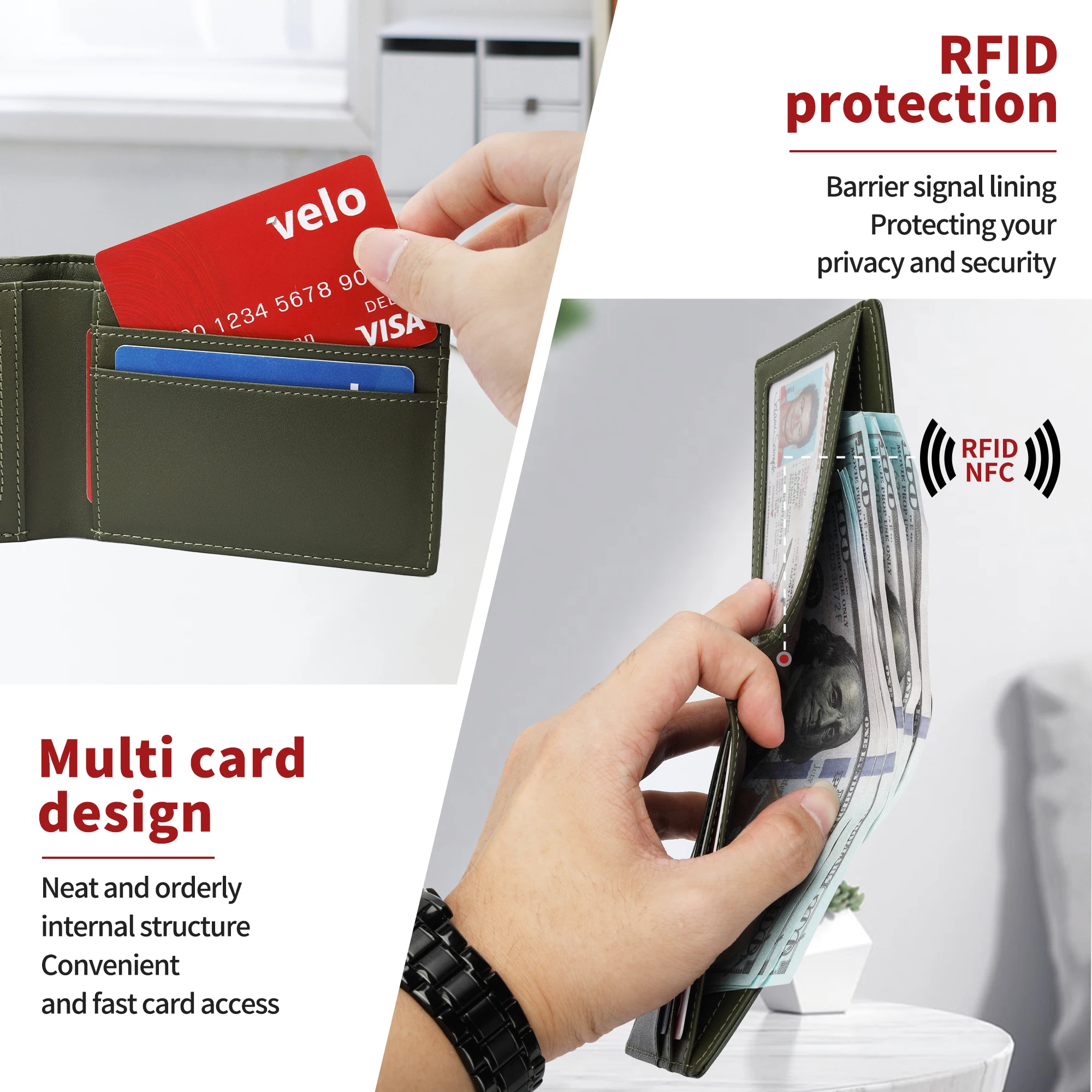Minimalist Genuine Leather Credit Card Holder Wallet With Transparent ID Window RFID Blocking Slim Bifold Wallet For Man