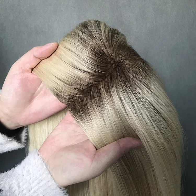 Fishnet Base Blonde Ombre Color Smooth Silky Hair Piece Virgin Cuticle European 100% Human Hair Ladies Hair Toppers for women