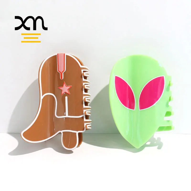 XinMei custom printed E.T. claw clips for women wholesale cowboy boot hat hair claw clips cellulose acetate jaw hair clips
