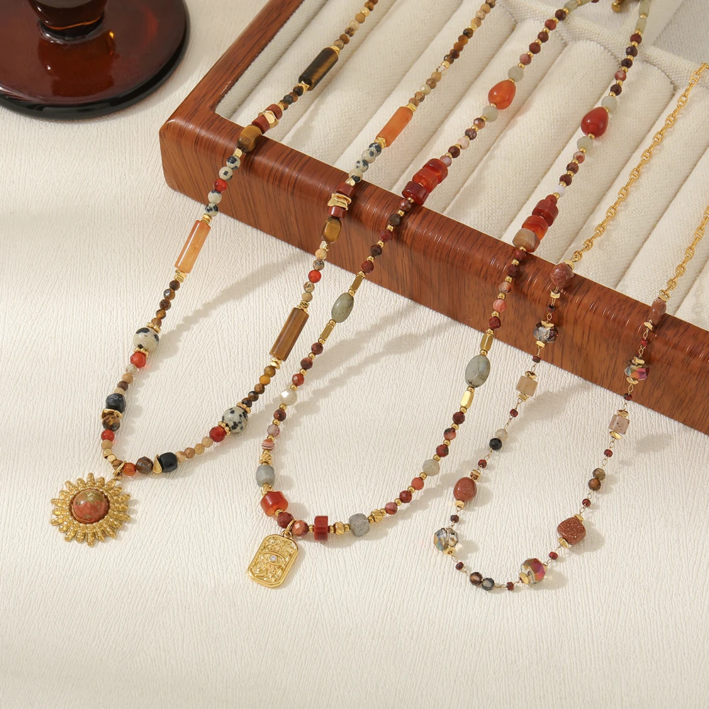 fashion tiger eye stone spotted stone red agate handmade sun pendant beaded necklace trendy