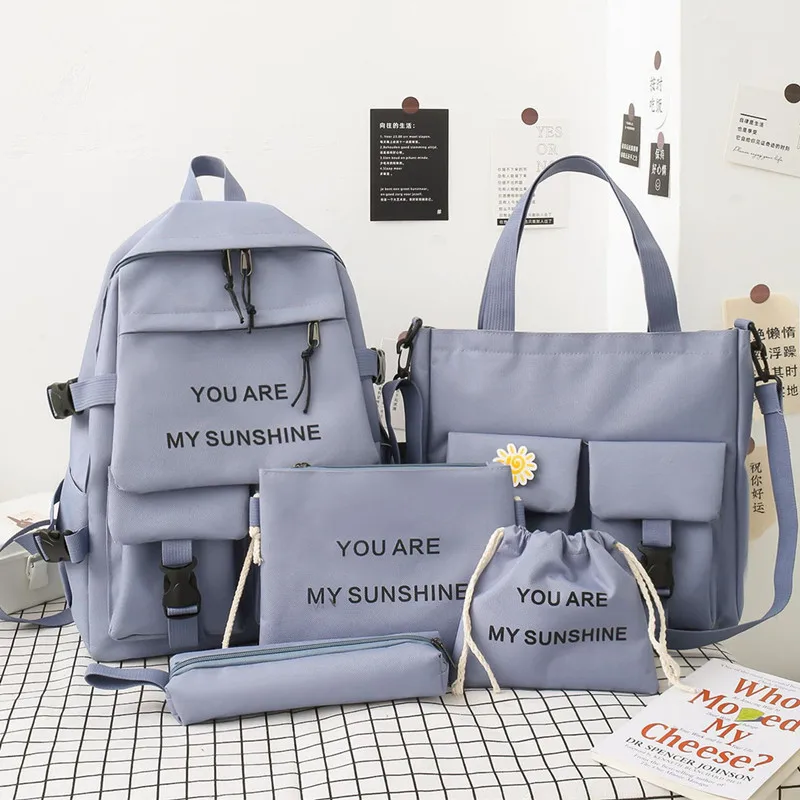 New Five-piece Schoolbag Korean Version Ins Color Matching Middle School Student School Bags Fashion Letter Children Backpack