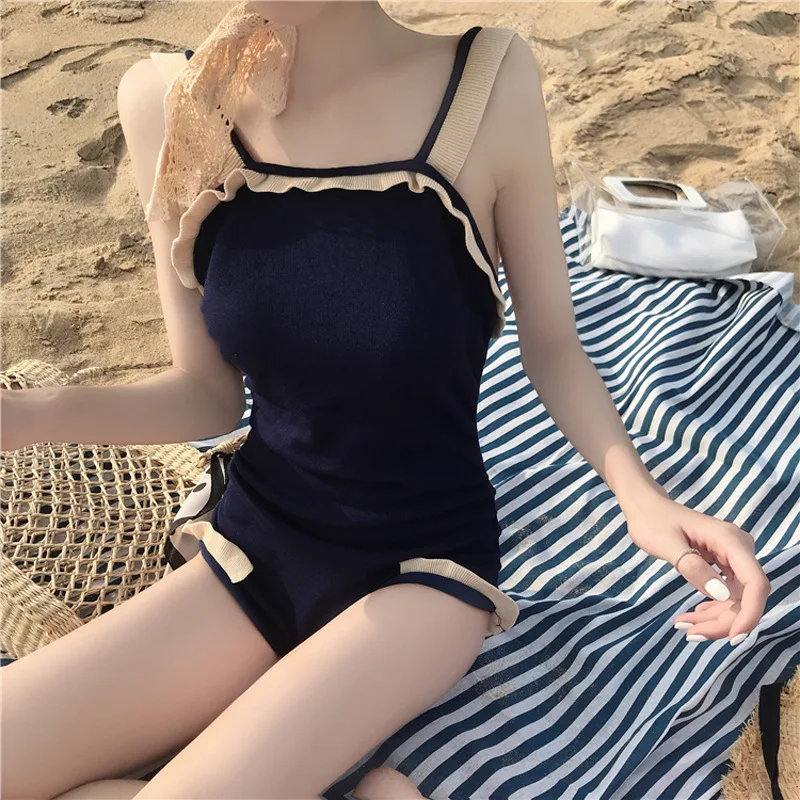 
Swimsuit girl summer conservative cover belly show thin sexy Korean wind fairy fan open back one piece swimsuit 