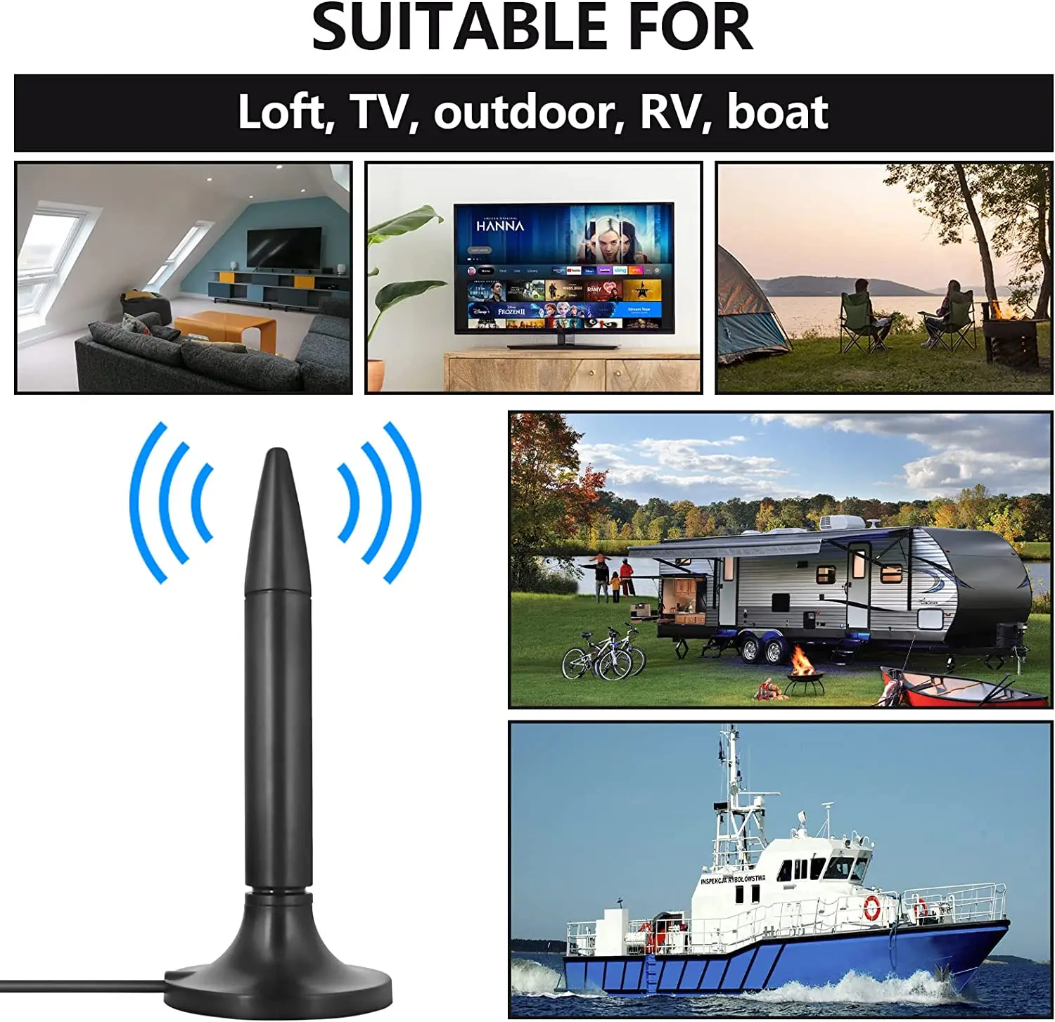 Marine RV Caravan Camping Outdoor Max OEM Mold Connector Cable Pattern BIO Origin Radiation Type VHF High Performance TV Antenna