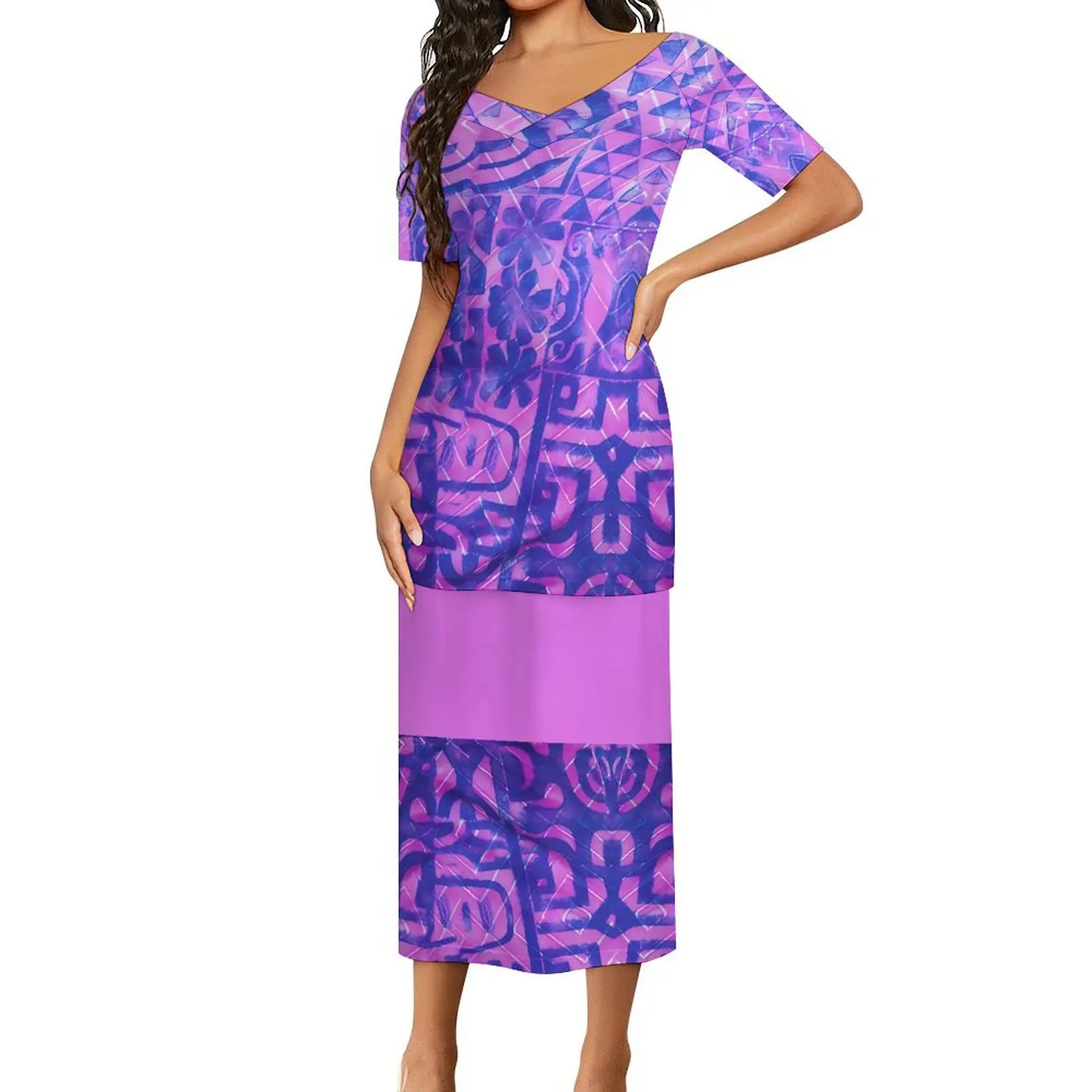 1MOQ Drop Shipping Polynesian Elei Tribal Design Custom Trendy Casual V-neck Short-Sleeved Suit For Women 2 Piece Set Puletasi