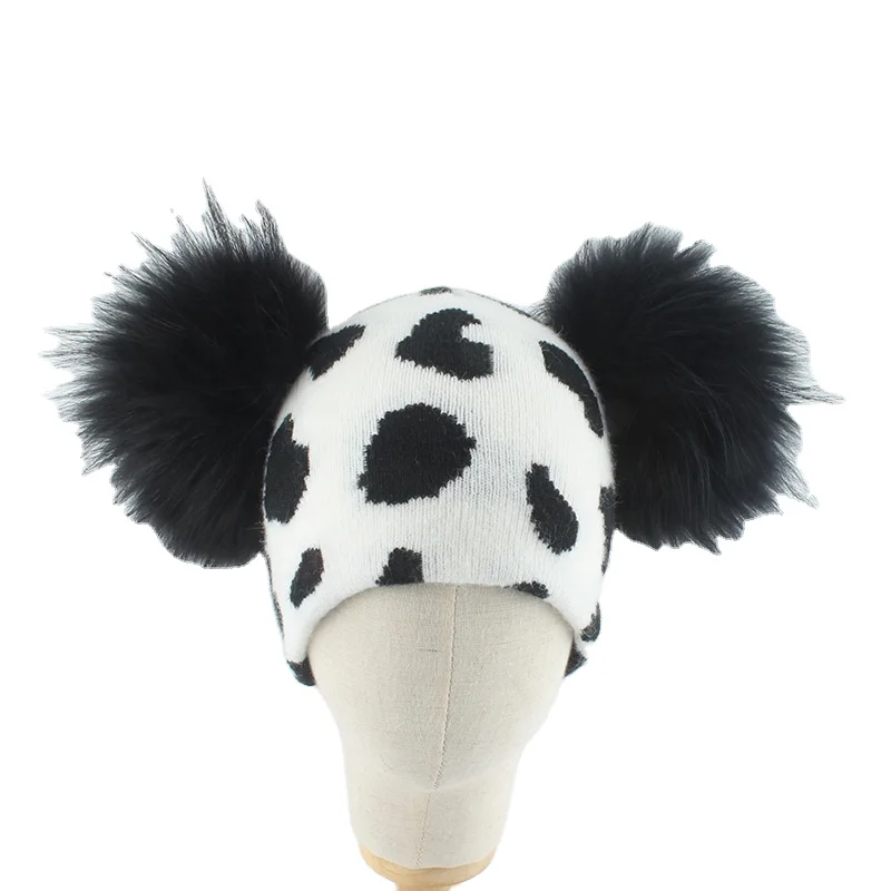 Mom children Fall Winter fluffy large real Pom Fur Ball beanie headwear women kid Leopard zebra Cheetah Beanie Knitted Warm Hats