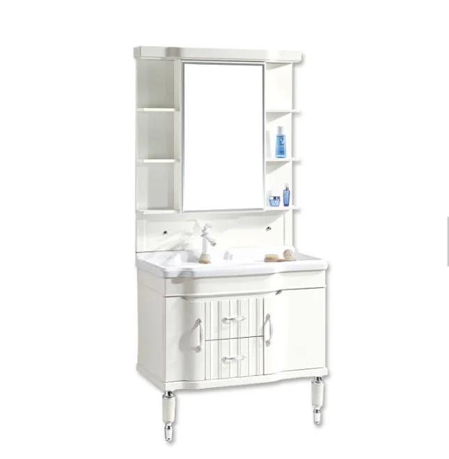 French modern waterproof double sink acrylic bathroom pvc cabinet washbasin rotating bathroom mirror cabinet