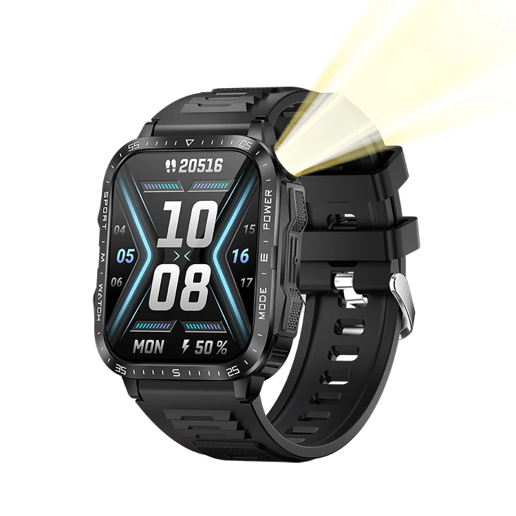 KT79 Outdoor Sports Smart Watch 1.96 inches Full Touch Screen BT Call 3ATM Waterproof smartwatch with flashlight For Men Women