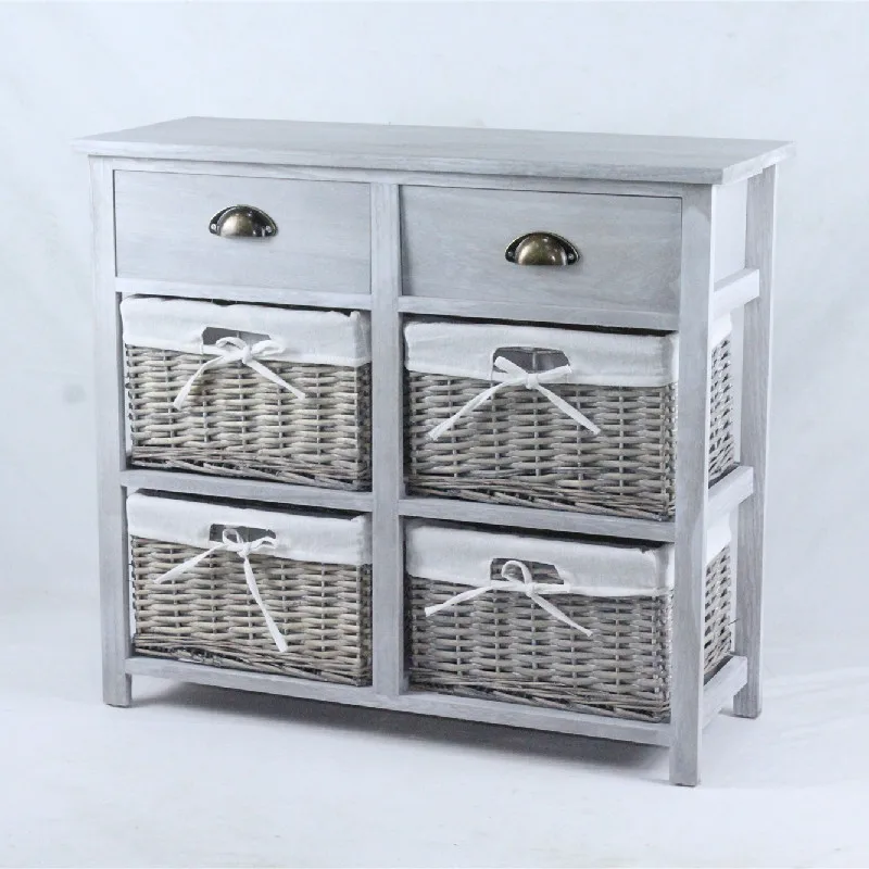 Vintage Grey Range - Two Drawer and Four Wicker Basket Storage Unit