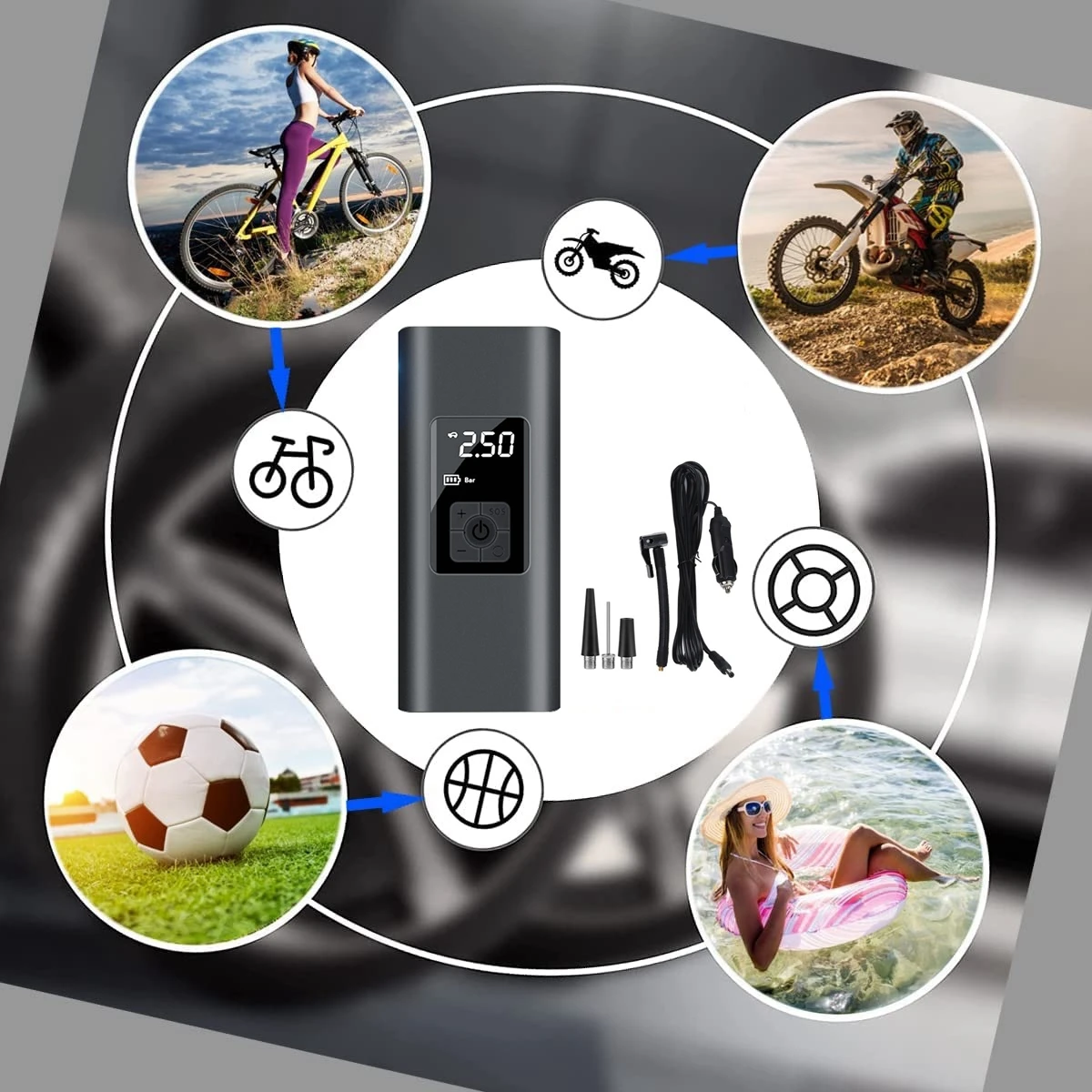 Football Car Bike Pump Digital Rechargeable Multi Function Mini Portable Air Compressor For Car Tires