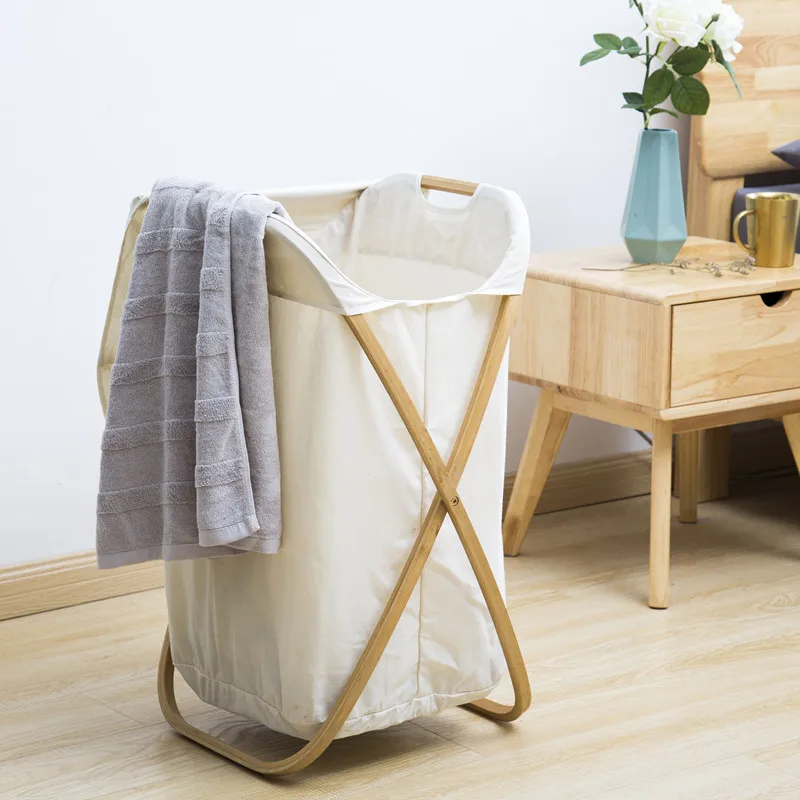 X-frame Dirty Clothes Bathroom Collapsible Home Bamboo Hamper Foldable Storage Laundry Basket