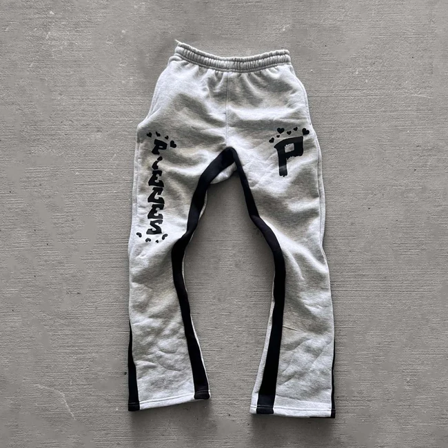 Screen Printing Streetwear OEM Custom Graphic Stacked Sweat Pants Men High Quality Terry Flare Sweatpants