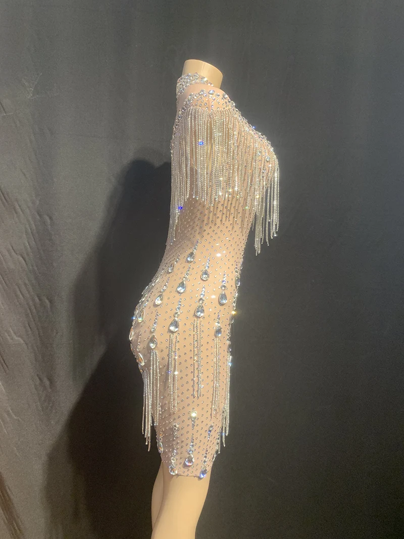 Luxury Evening Dresses party Women Sexy Custom Crystal Stone Tassel Dress See Through Mesh Dance Costumes With Diamond Chain