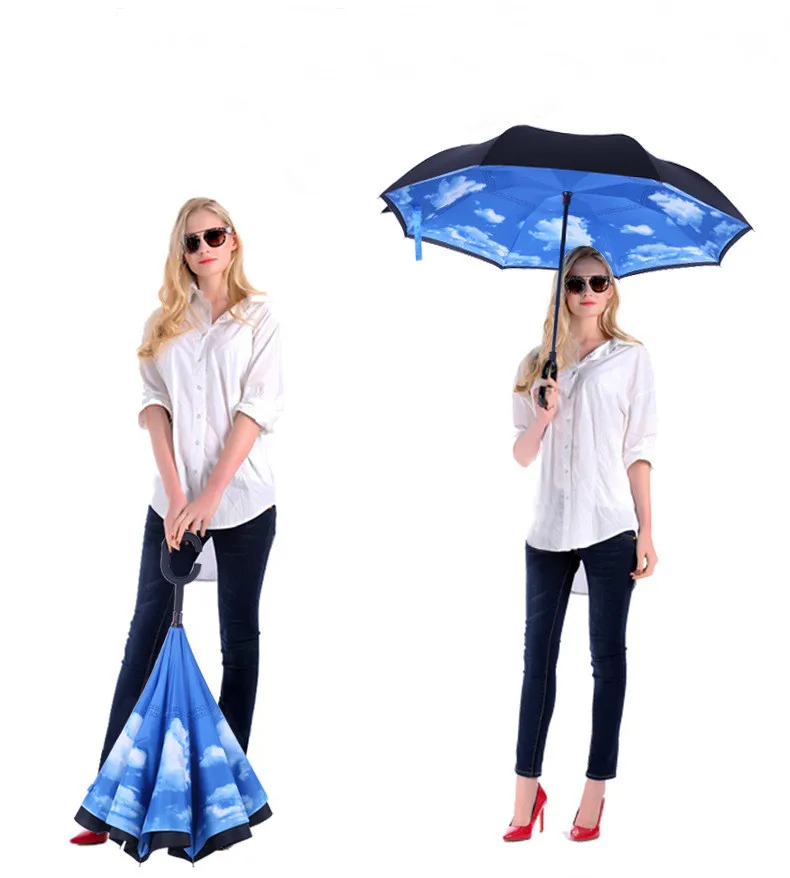 Sunday Hot Selling New Products Stock Custom Double Layer Inside Out C Shape Handle inverted Reverse Umbrella with logo prints