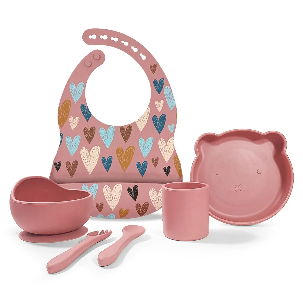 New Arrival Eco Friendly Non Toxic Silicone Feeding Suction Plate Bowl Spoon Bib Silicone Baby Feeding Set Bpa Free Tableware