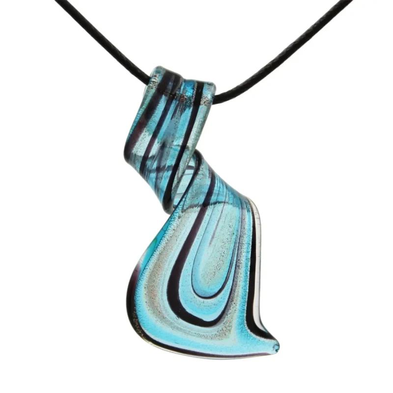 Murano Glass Lampwork Art Twisted Curl Artisan Handmade Necklace Pendant Aqua Blue Gift for Women