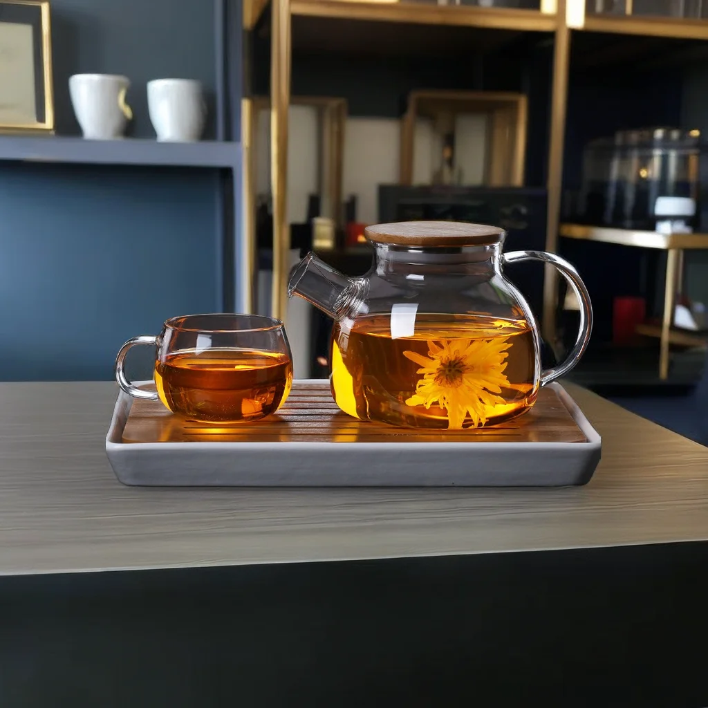 Hand-Blown coffee teapot bamboo lid spring infuser eco-friendly hot water 1L High Borosilicate Glass Teapot With Infuser