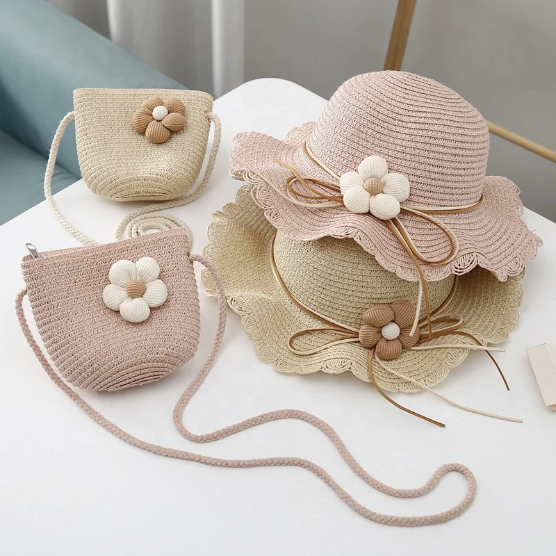 2024 Vintage Summer Straw Bag and Sun Bucket Hat Set for Kids Polyester Lining Open Closure Beach Usage