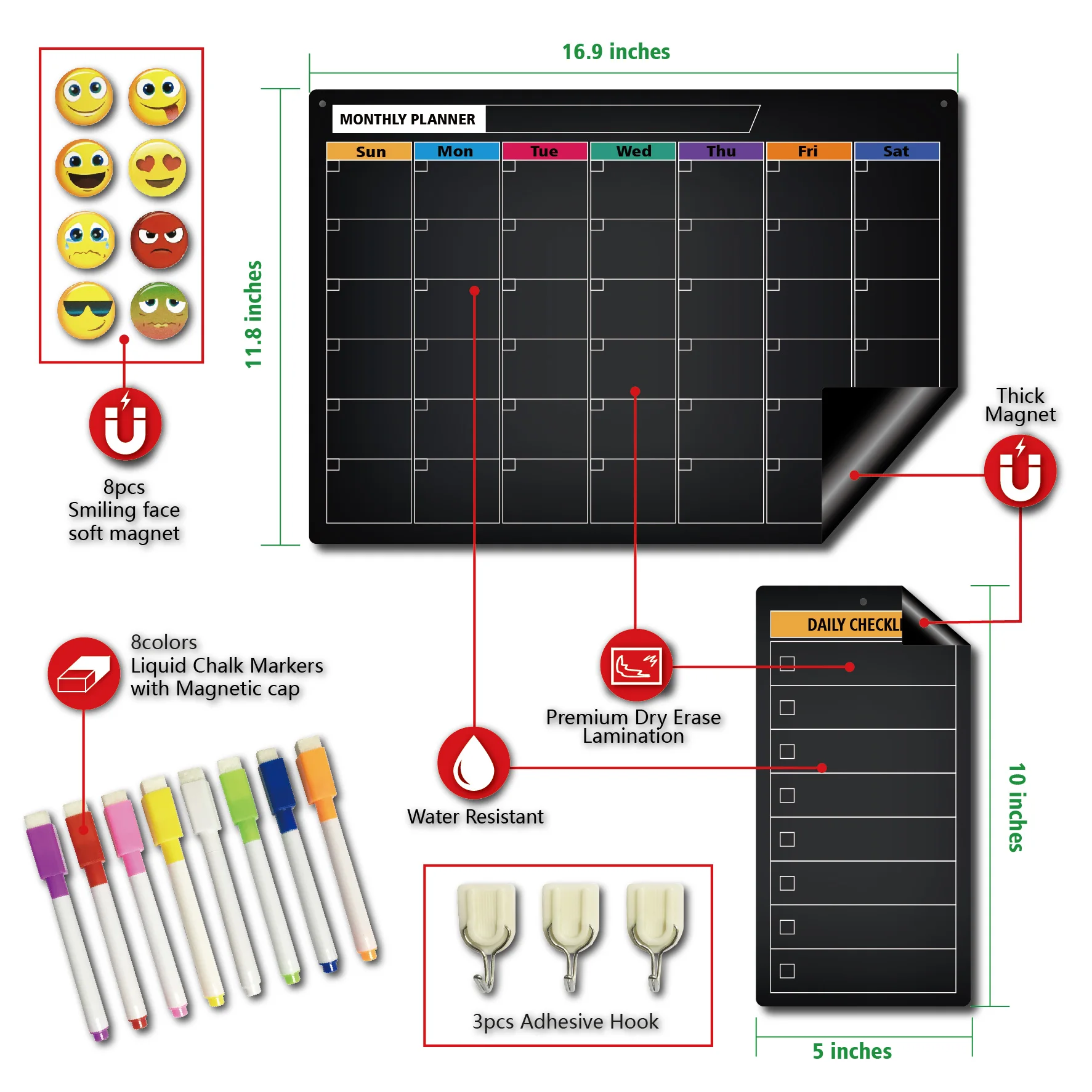 Fridge Monthly Planner Magnetic Chalkboard Black Dry Erase Calendar for Wall  Multi Purpose Daily Checklist with  Dry Erase Pen