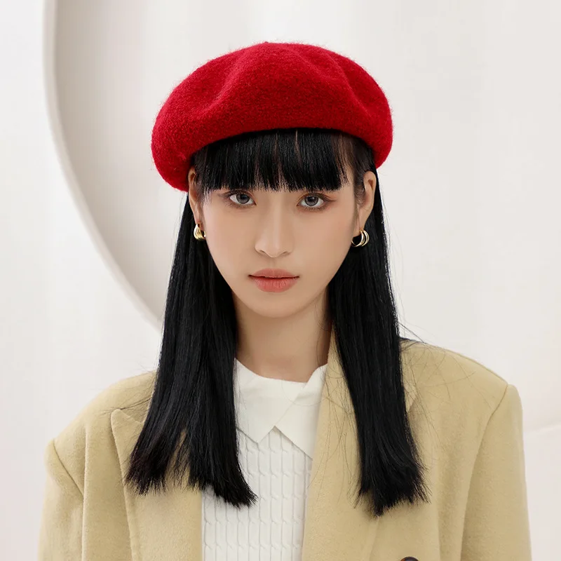 Czelrine 2022 Fashion Custom Logo Embroidered Femmes Plain Cap Solid Color Autumn Winter Warm 100% Wool Beret Hat For Women