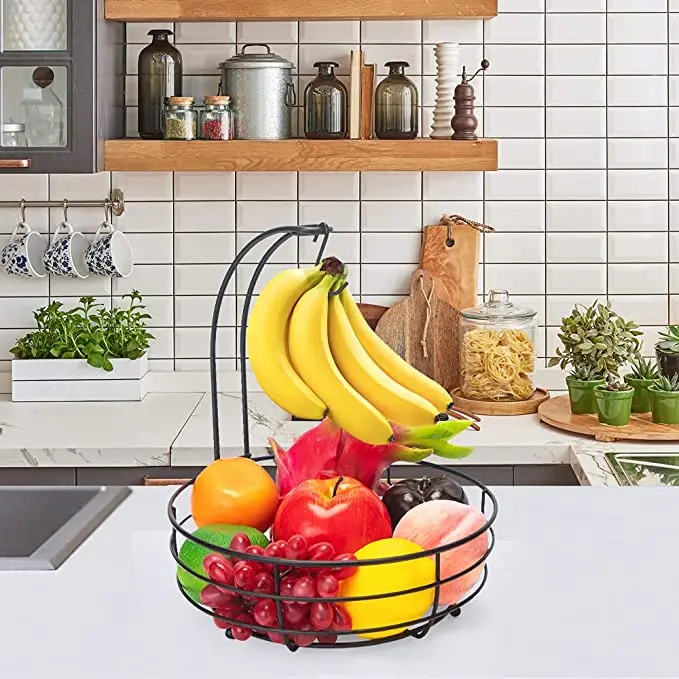 2 Tier Detachable Countertop Fruit Basket Bowl With Banana Hanger For Kitchen Dining Table