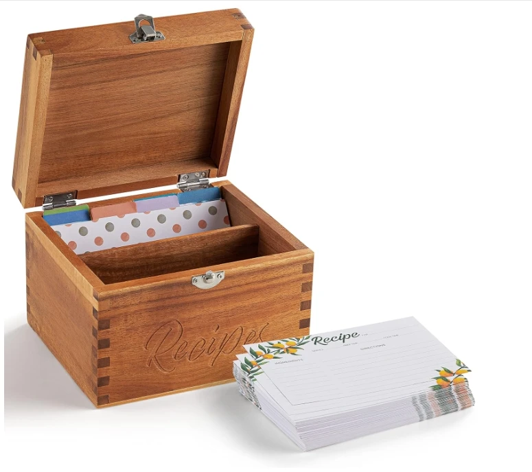 Acacia Wood  Box with Cards - Blank Recipe Box Wooden Set Come with 50 4x6 Recipe Cards, 8 Dividers Recipe Organizer