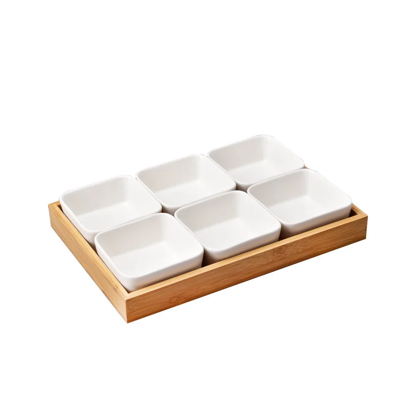 Nordic Home Multifunctional 4 Piece Detachable Removable Ceramic Dish Bamboo Candy Dried Fruit Nuts Snack Divided Tray Box (1600542378064)