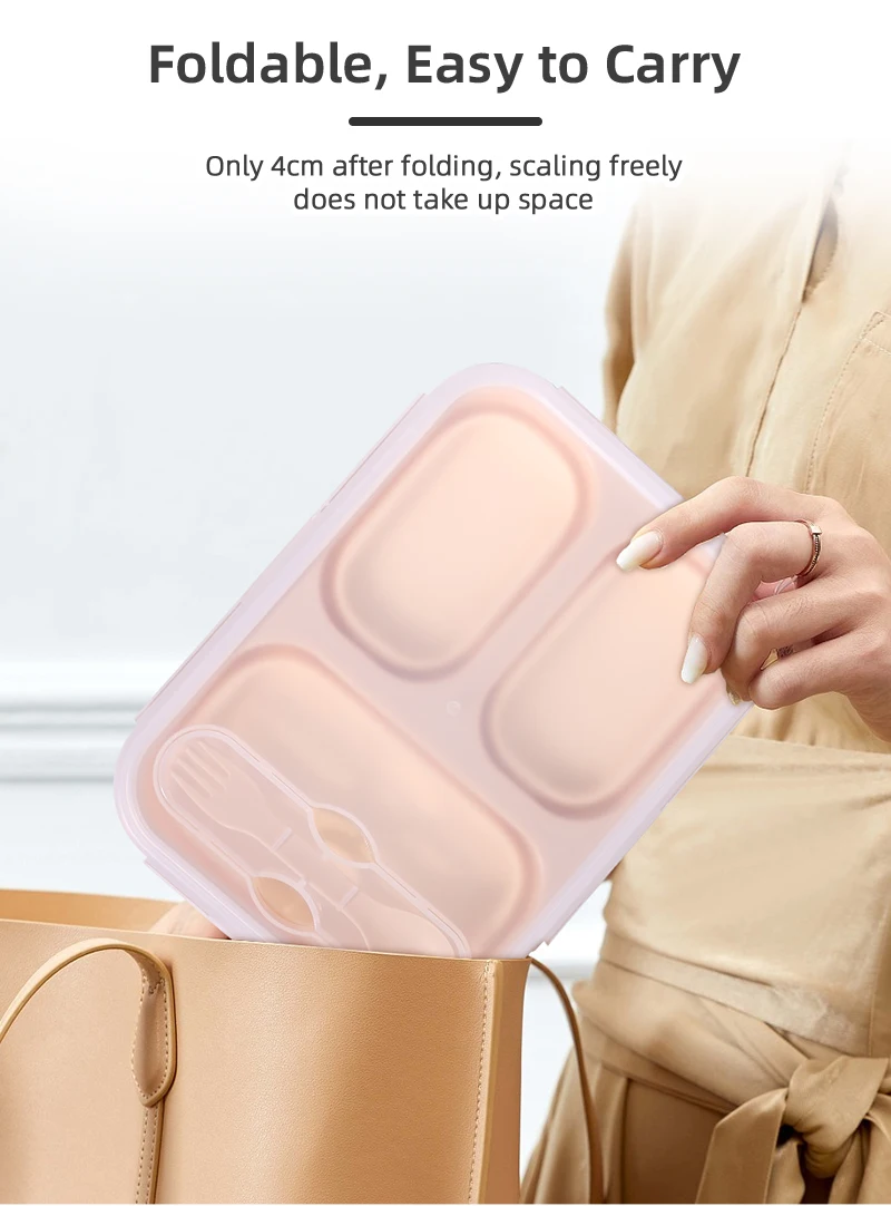 Custom Children Dinnerware Collapsible Lunch Box Silicone 3 Compartments Foldable Bento Box With Fork Spoon For Workers And Kids