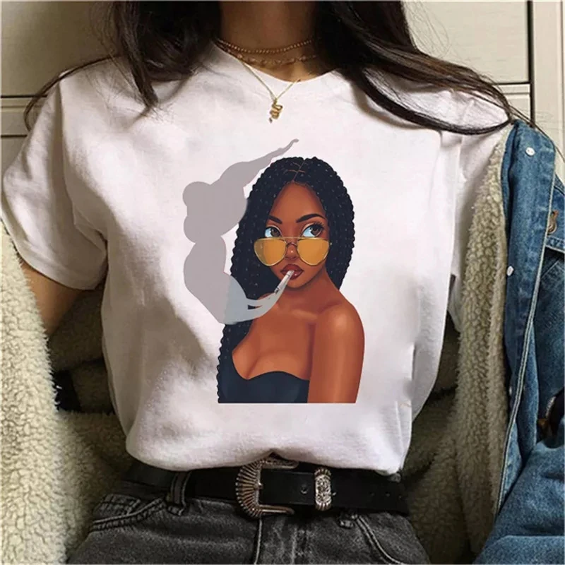 Women Curly Hair Girl Black Shirt Girl Harajuku Casual White Top T Shirt Summer Female Short Sleeve Cotton T-Shirt