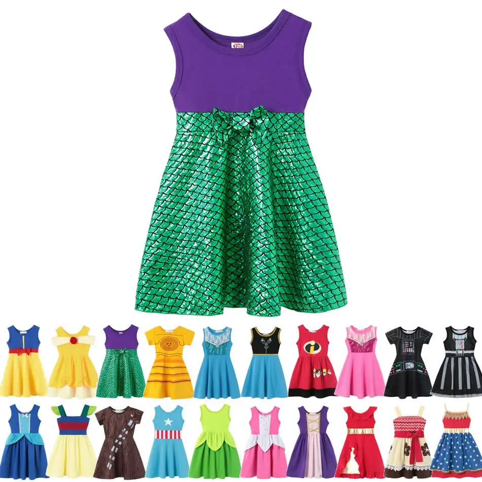 
Drop Shipping Ready To Ship Girls Summer Dress Child Mickey Belle Snow White Moana Elsa Magic Hair Anna Princess Costume 