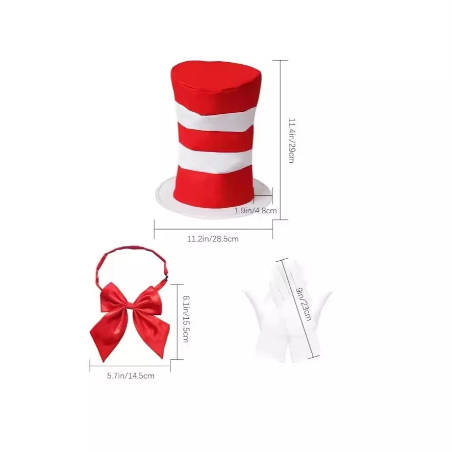 3 Pack Kids Cat Costume Kit Including Red White Top Hat Headband Gloves Bowtie Skirt Tail For Halloween School Day