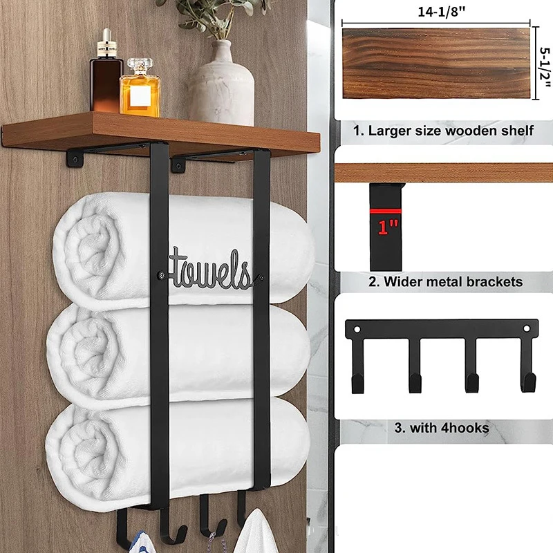 Towel Holder Bathroom Storage with Wooden Shelf and 4 Hooks Rack Wall Mounted for Rolled Towel Organizer