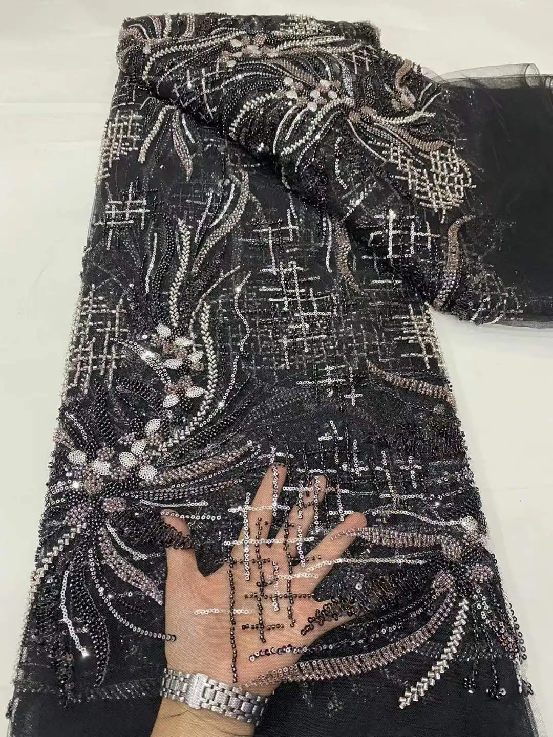 Two-color heavy industry sequin bead embroidery fabric European and American wedding dress  fashion embroidery fabric