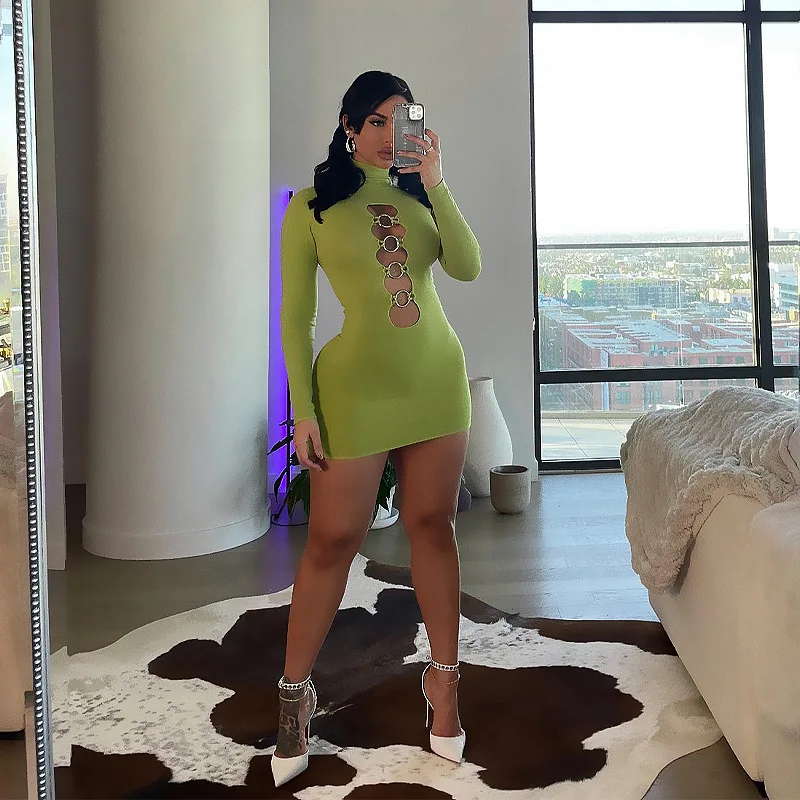 Magicmk Drop shipping Women Sexy Solid Color Hollow Out Long Sleeve Elegant Party Club Night Dress