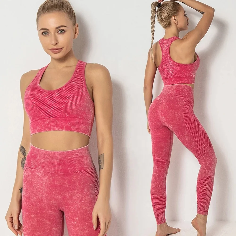 Wholesale Yoga Wear Two Piece Outfits Set Workout Clothes Acid Washed Seamless Activewear Gym Fitness Sets For Women