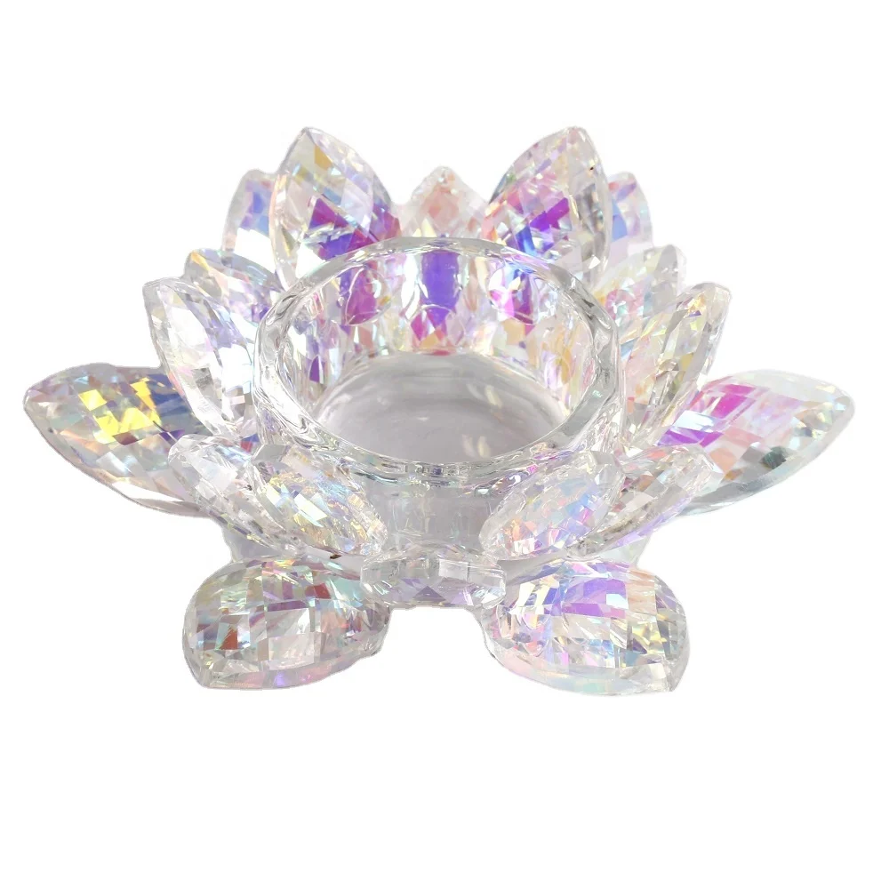 Rainbow Color Lotus Flower Crystal Candle Holder Buddhist Glass Tea Light Holders For Home Wedding Table Decorations